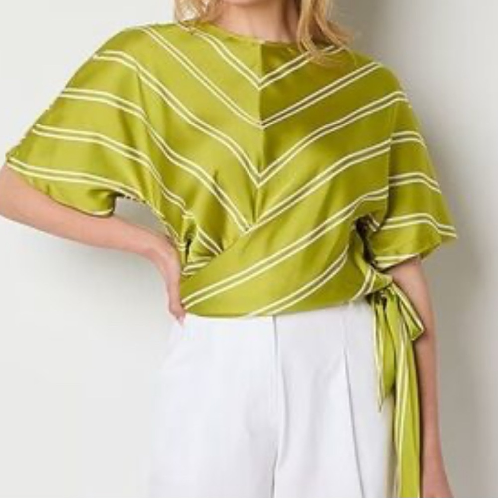 Worthington Asymmetrical Green and White Blouse with Tie Front
